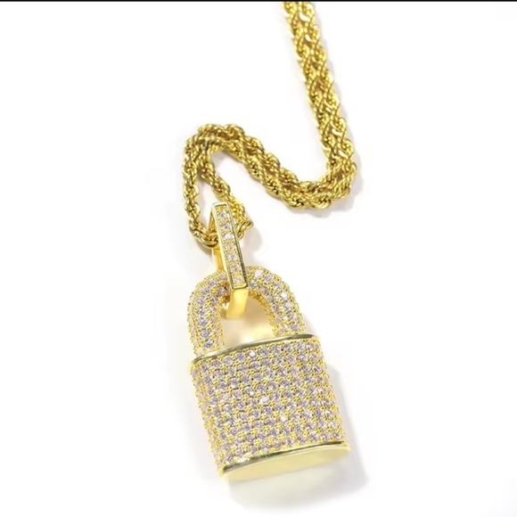 Lock Full Bling Bling CZ Statement Pendant Necklace Male Female Jewelry - Picture 2 of 5
